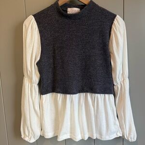 Women’s Twofer Sweater Shirt Top Puff Long Sleeve White Gray Babydoll Knit Small